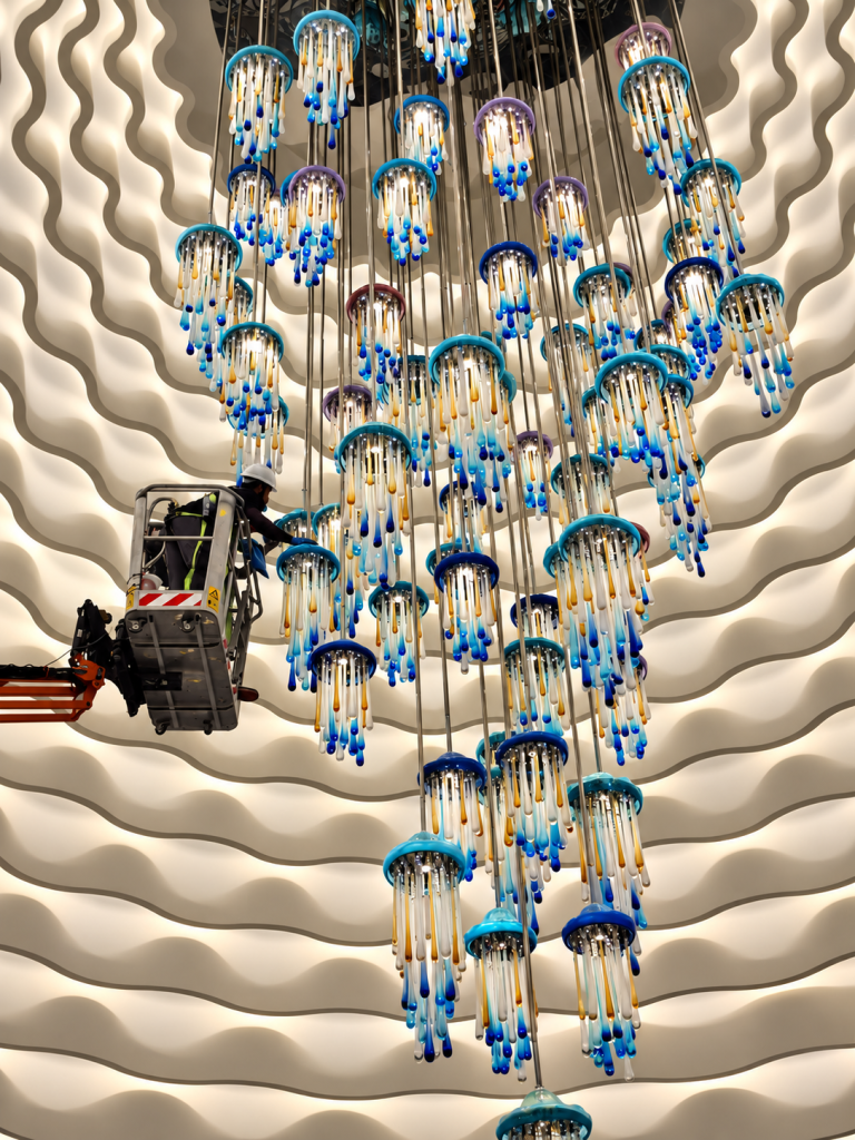 Specialist chandelier cleaning at a luxury hotel in Dubai by SPME Cleaning